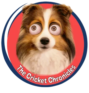 The Cricket Chronicles cartoon logo badge featuring a Shetland Sheepdog